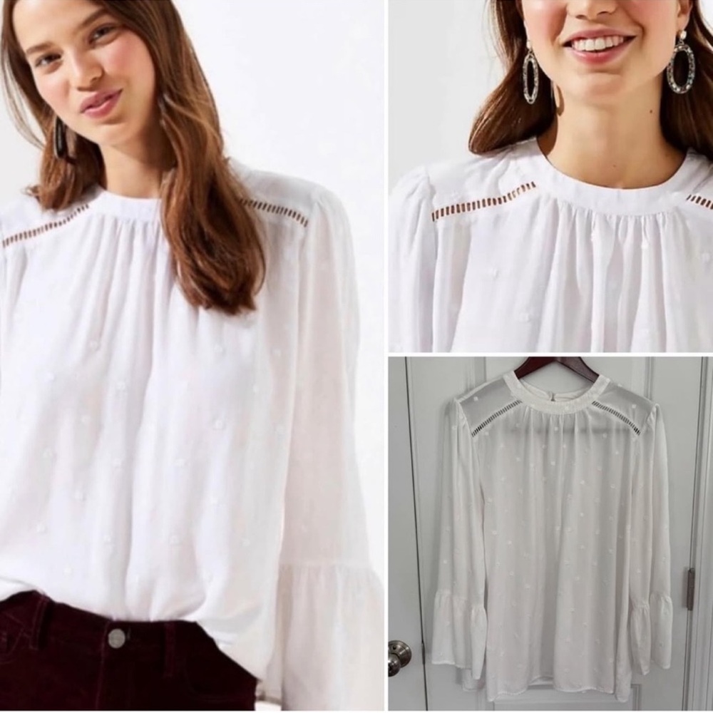 Loft Floral Embroidered White Bell Sleeve Top